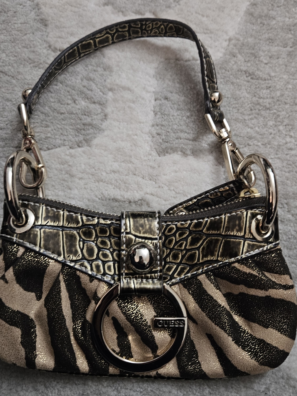 Guess Gold and Black Zebra-Print Mini Shoulder Bag
